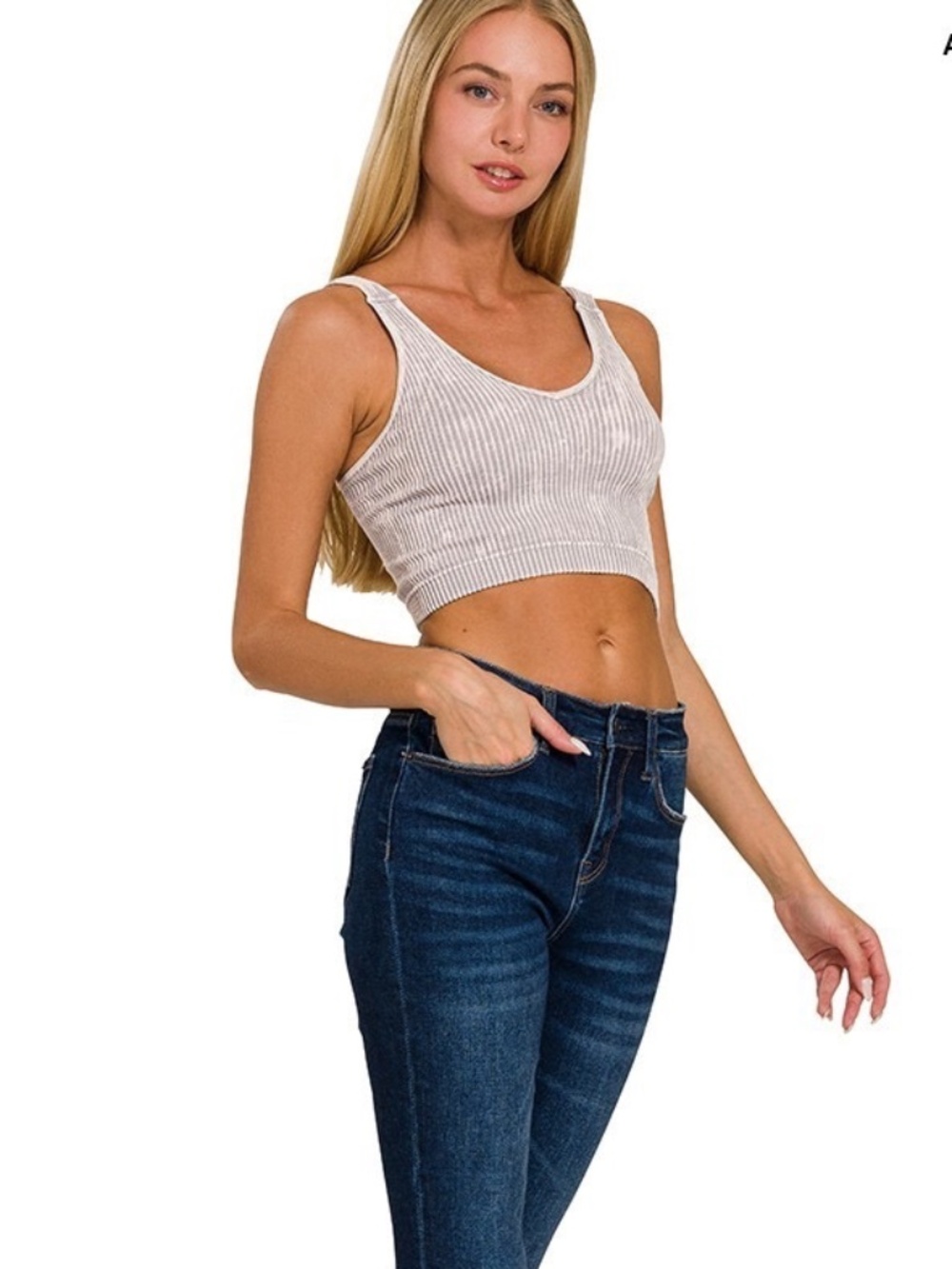NEW ZENANA MINERAL WASHED RIBBED CROPPED SEAMLESS BRA PADDED TANK TOP V NECK - Picture 1 of 8